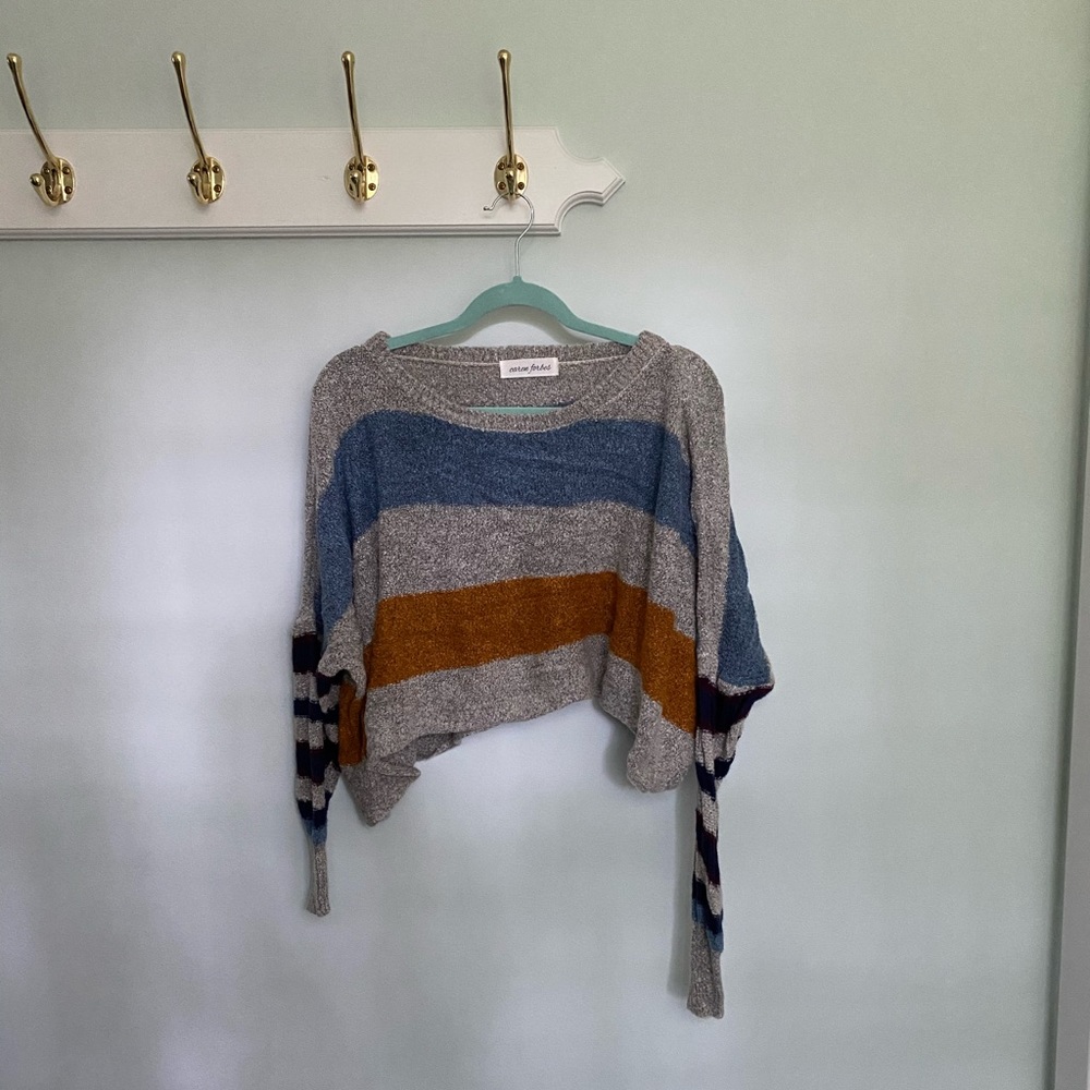 Blue, grey, orange, and purple striped sweater
